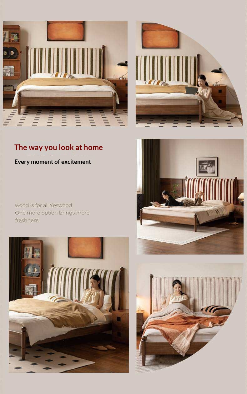 Black Walnut Solid Wood Striped Upholstered Panel Bed