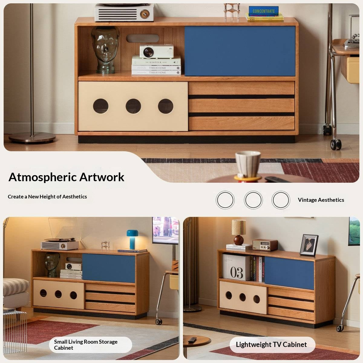 Cherry Solid Wood Vintage TV Stand with Wall-Mounted Tall Cabinet Design