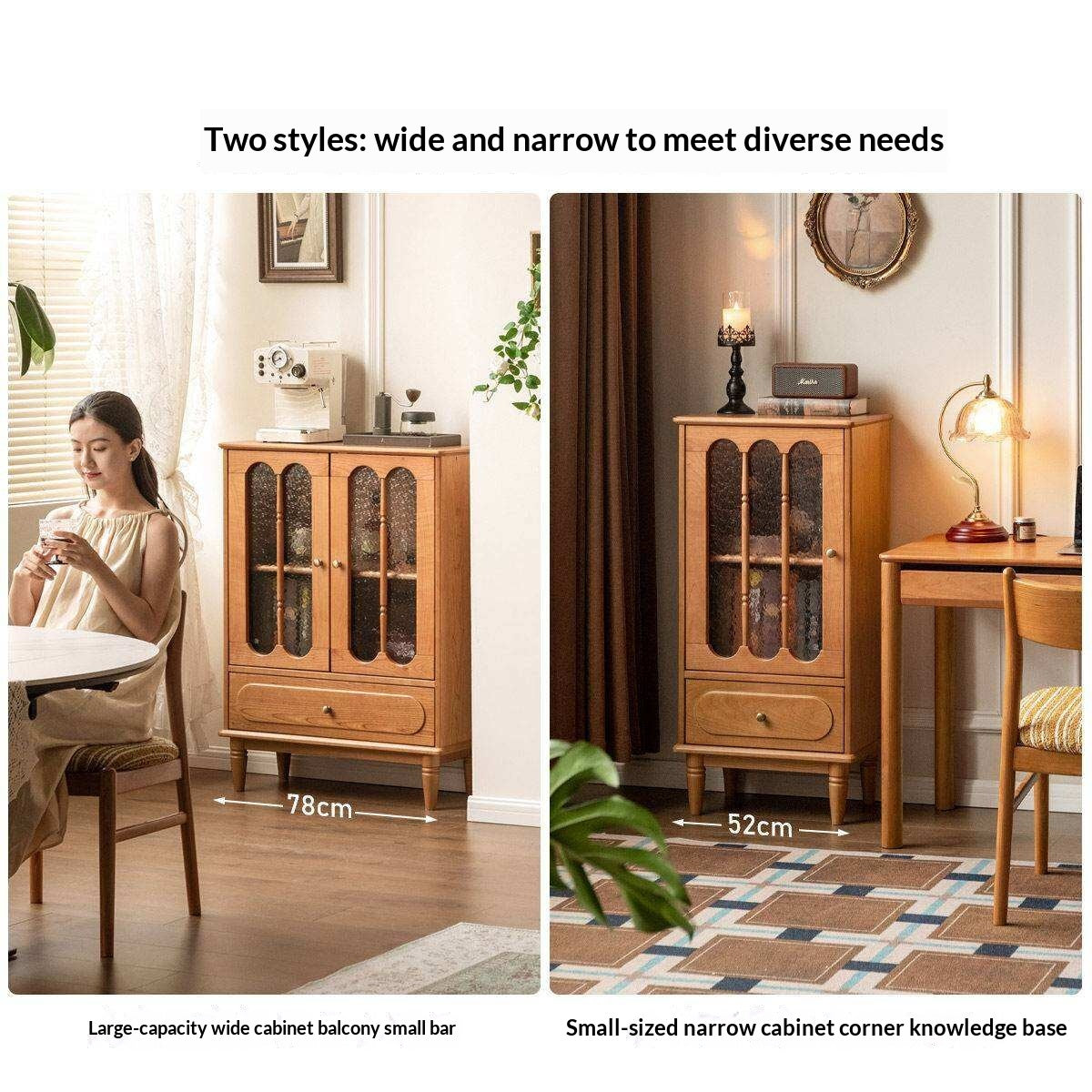 Cherry Solid Wood Side Cabinet with Glass Panels and Storage Shelves