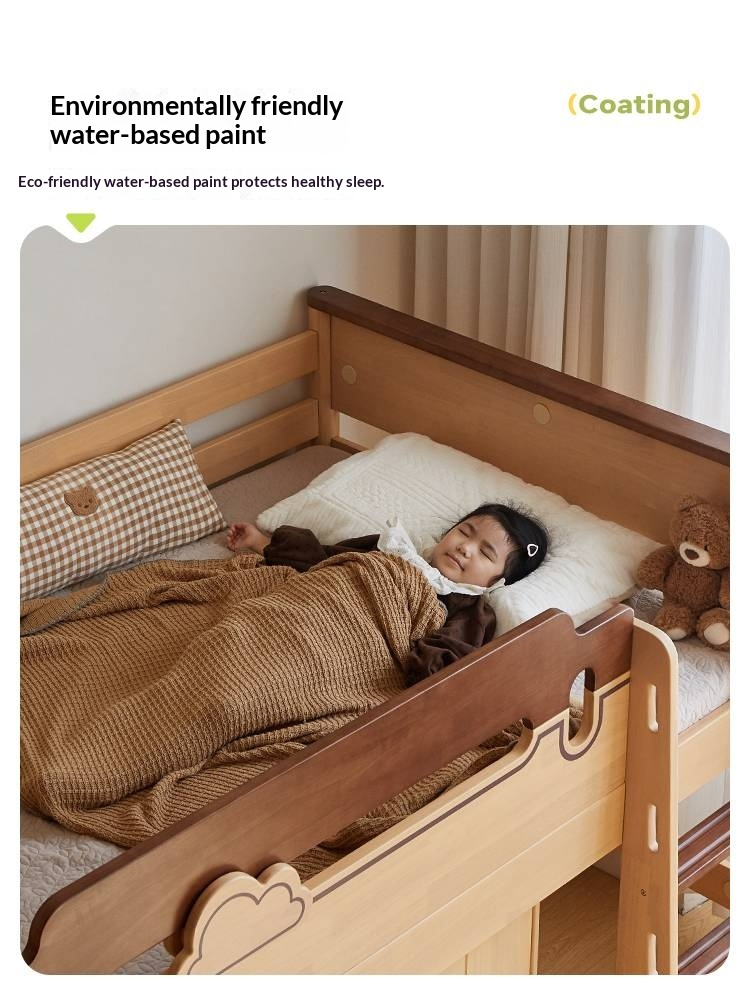 Rubberwood Solid Wood Children's Loft Bed with Under-Bed Cabinets