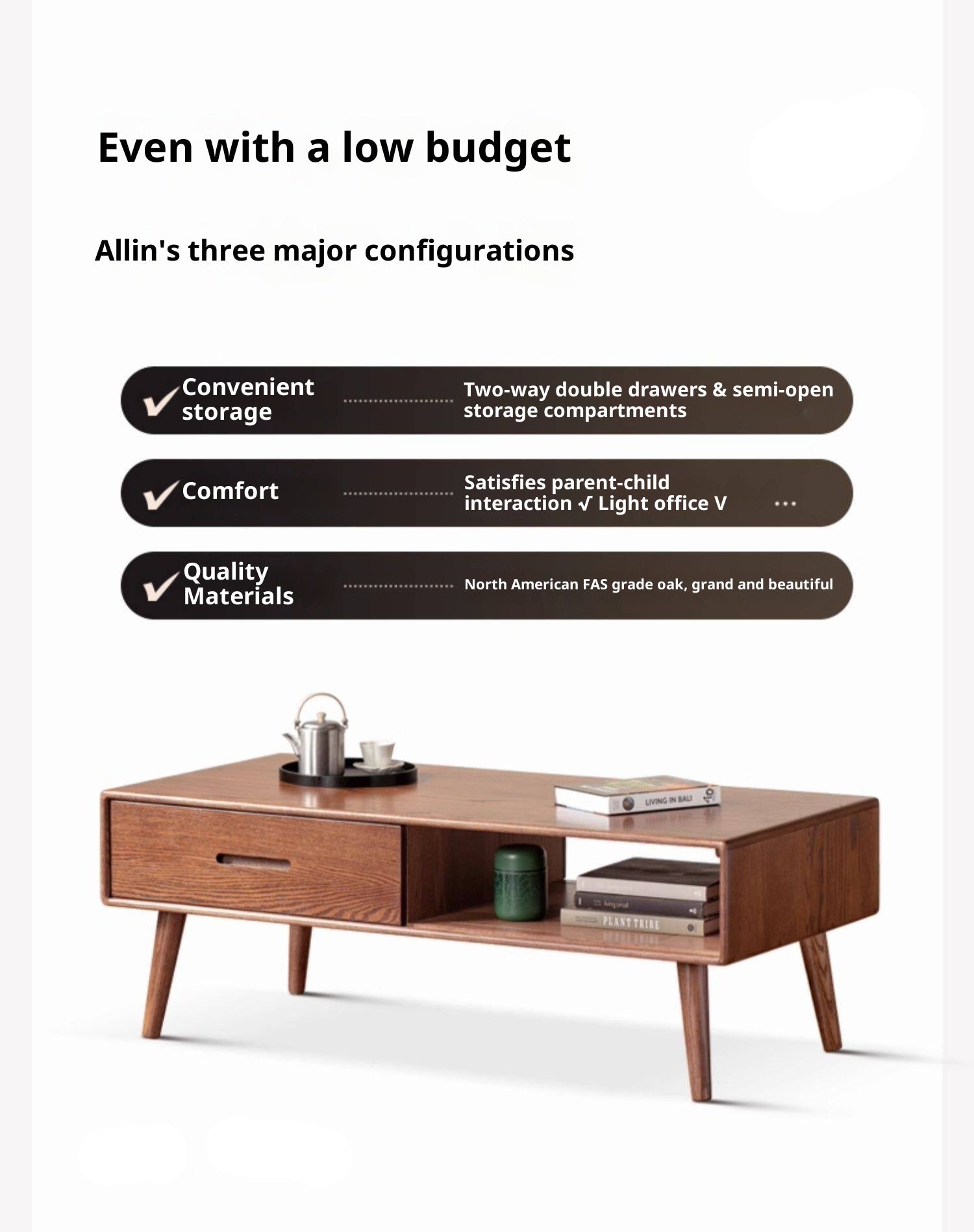 Oak, Solid Rubberwood Two-Drawer Coffee Table Walnut Color