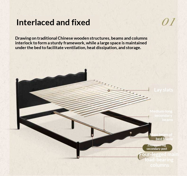 Rubberwood Solid Wood French Style Bed with Black Carved Headboard and Elegant Curved Frame