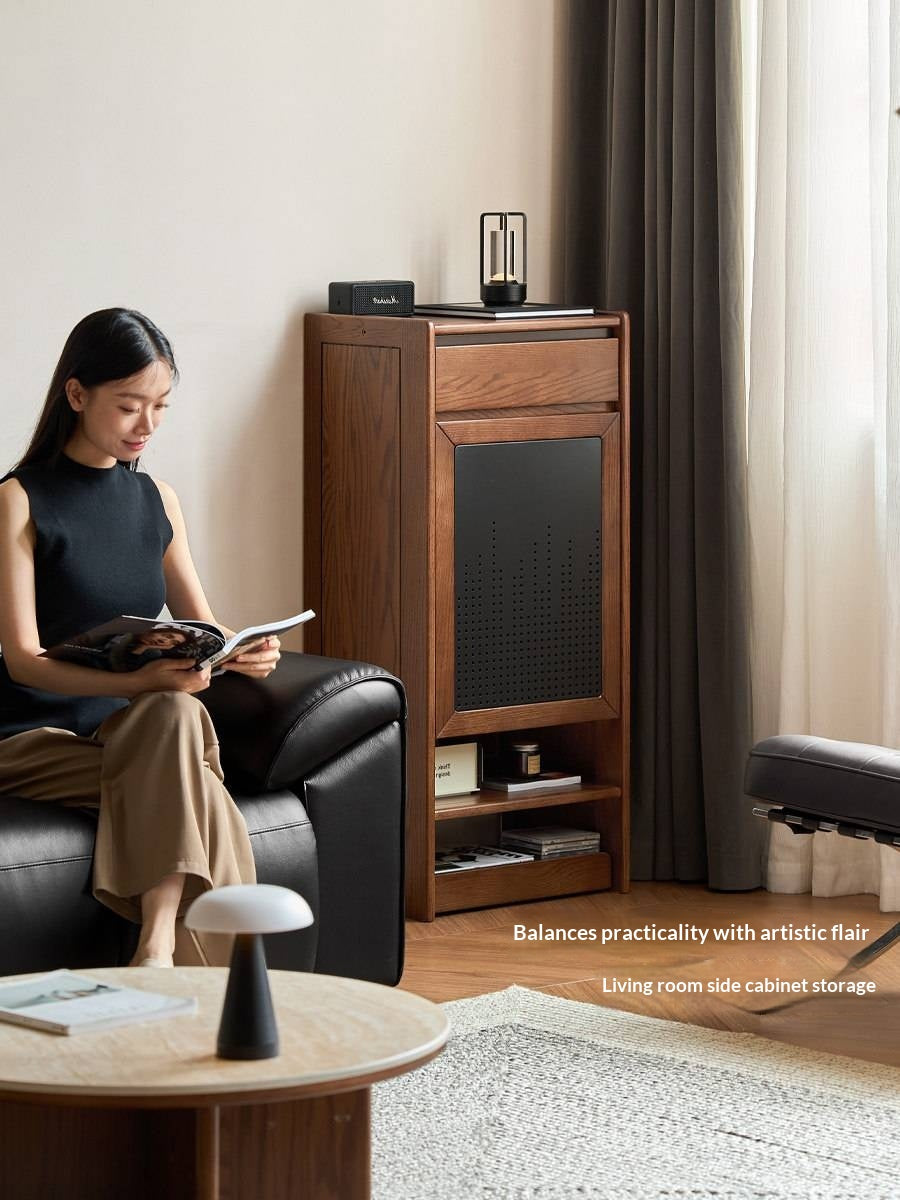 Oak Solid Wood Narrow Shoe Storage Cabinet with Flip-Top Compartment and Perforated Metal Door