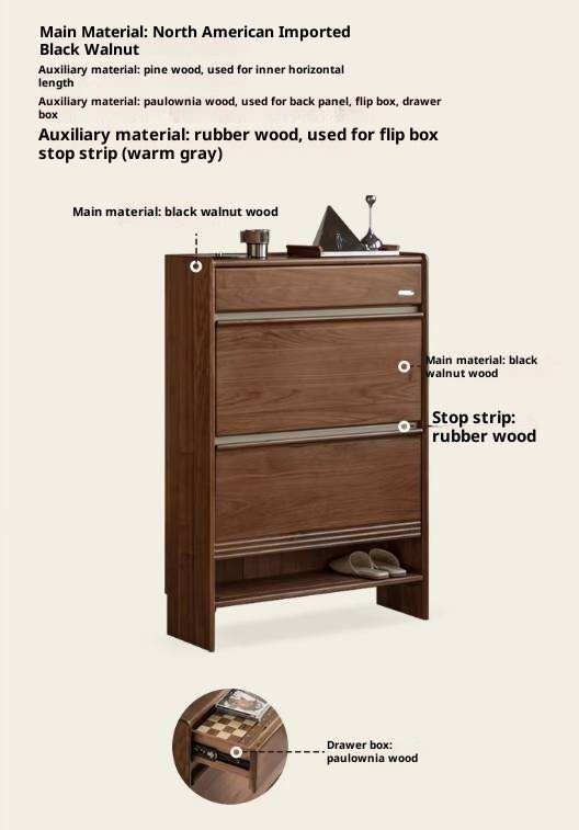 Black Walnut Solid Wood Flip Door Shoe Cabinet, Italian Style Entryway Storage Organizer