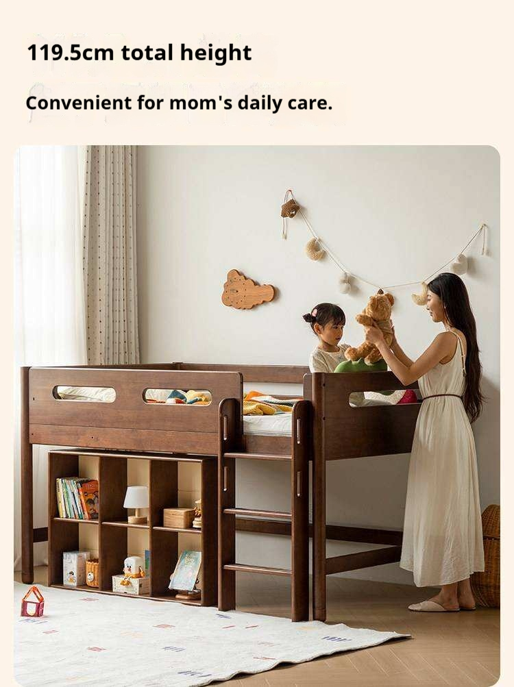 Rubberwood Solid Wood Mid-Height Kids Loft Bed with Staircase and Bookshelf Storage