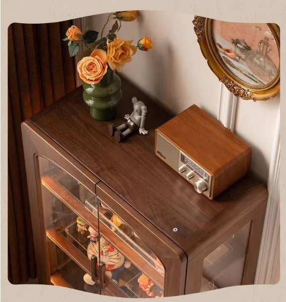 Black Walnut Solid Wood Side Cabinet with LED Lighting and Glass Panels