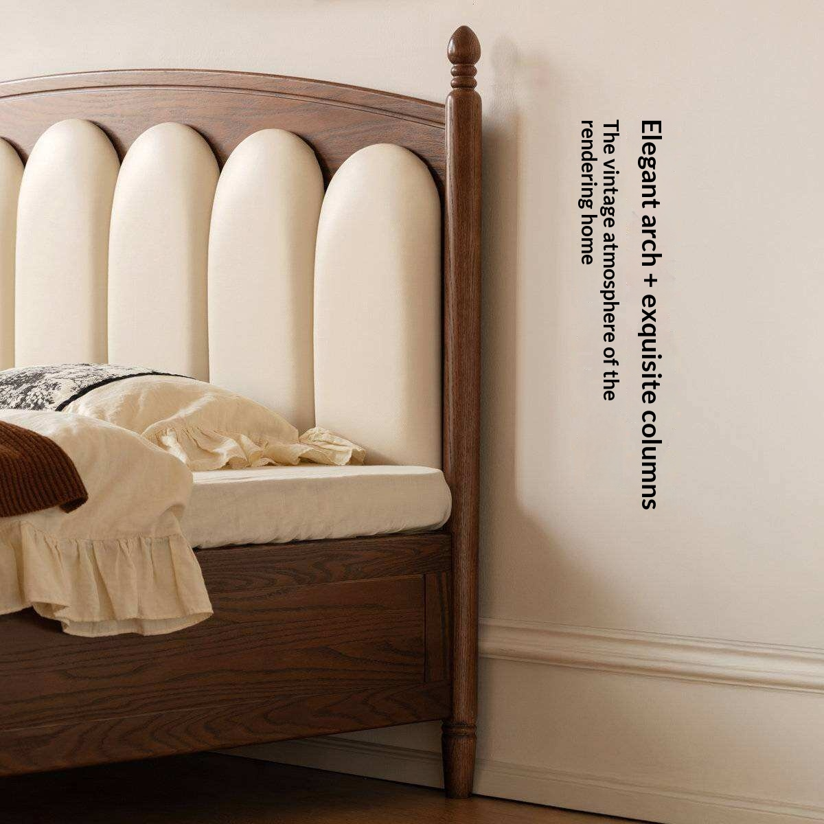 Oak Solid Wood Box Bed with Upholstered Vertical Channel Tufted Arched Headboard