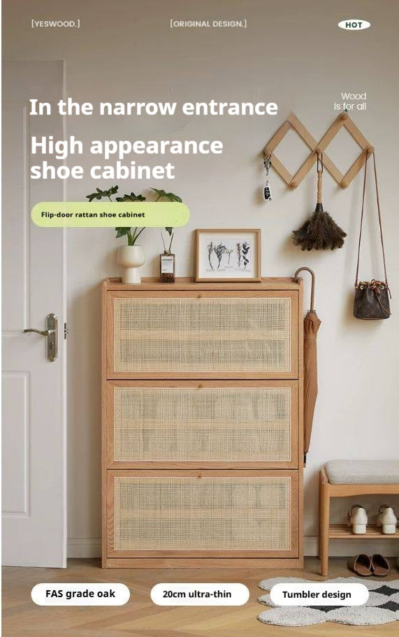 Oak Solid Wood Ultra-Thin Flap Door Rattan Shoe Cabinet