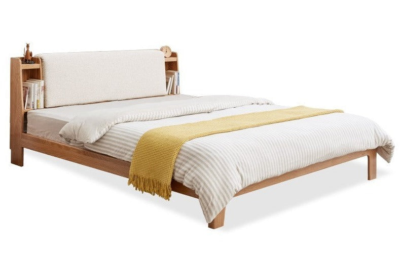 Fabric Bed Oak solid wood with light and shelf+