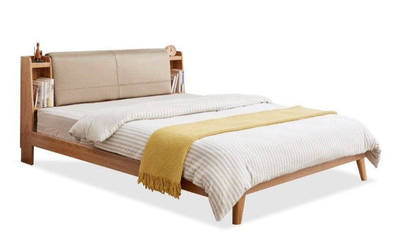 Fabric Bed Oak solid wood with light and shelf"