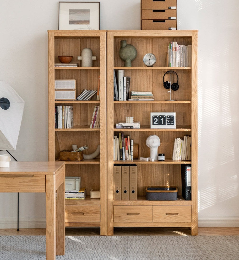 Solid Bookcase Oak, Solid Rubberwood Open Shelf Bookcase with Integrated Drawer
