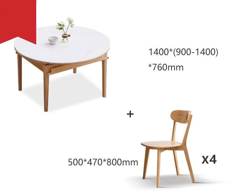 Round folding dining table with rock slab surface Oak solid wood"