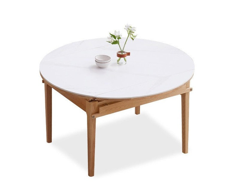 Round folding dining table with rock slab surface Oak solid wood"
