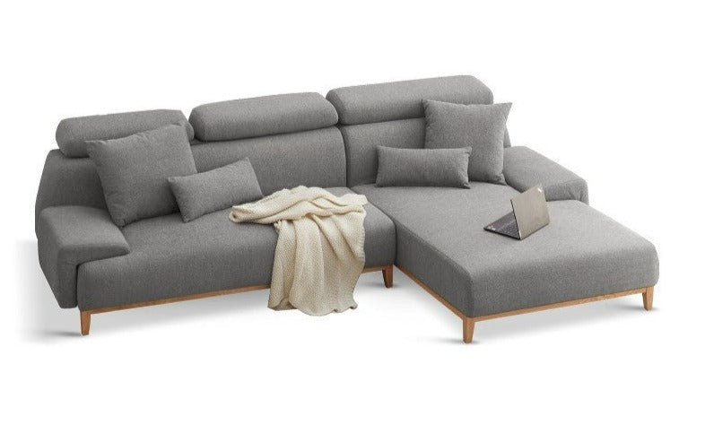 Modern corner fabric sofa with high back, frame- Russian larch+