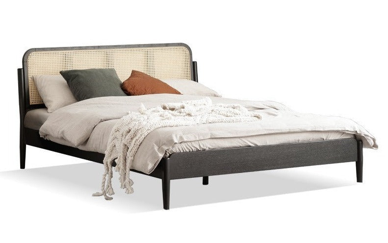 Oak rattan solid wood black bed