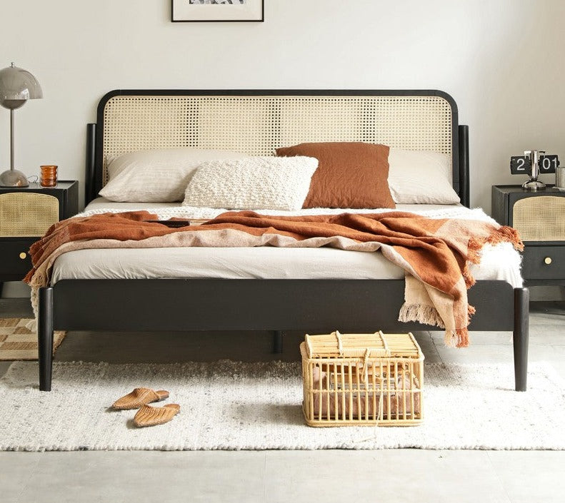 Oak rattan solid wood black bed