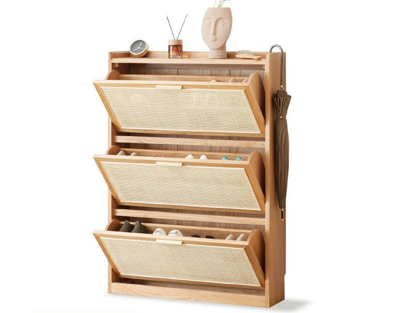 Ultra-thin flap door rattan shoe cabinet Oak solid wood-