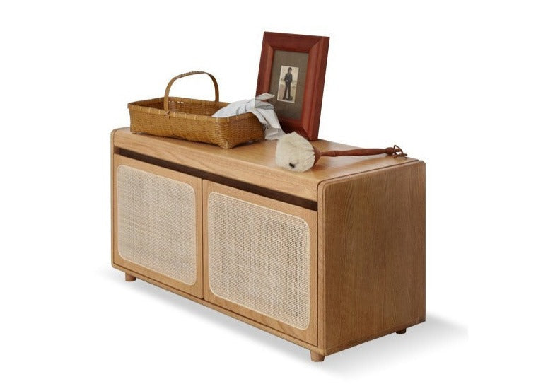 Oak solid wood rattan shoe cabinet, Shoe Storage Bench-