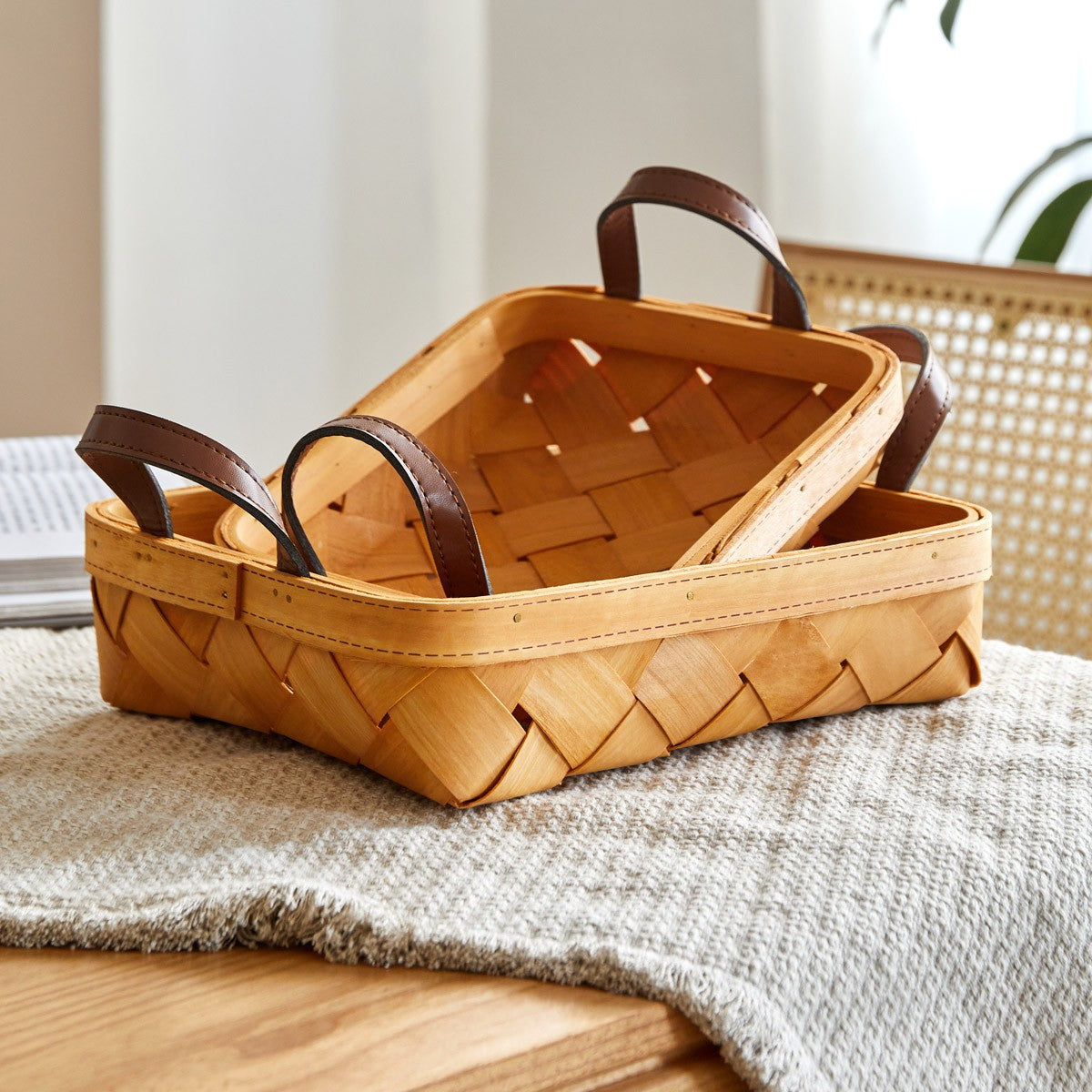 Handmade Wooden Chip Weaving Basket Set 2 pcs"