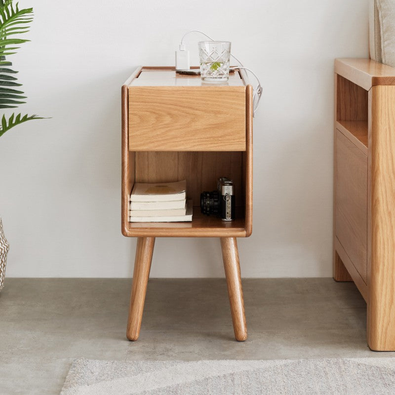 Oak Solid Wood Narrow Side Table, Flip Door Storage Cabinet -