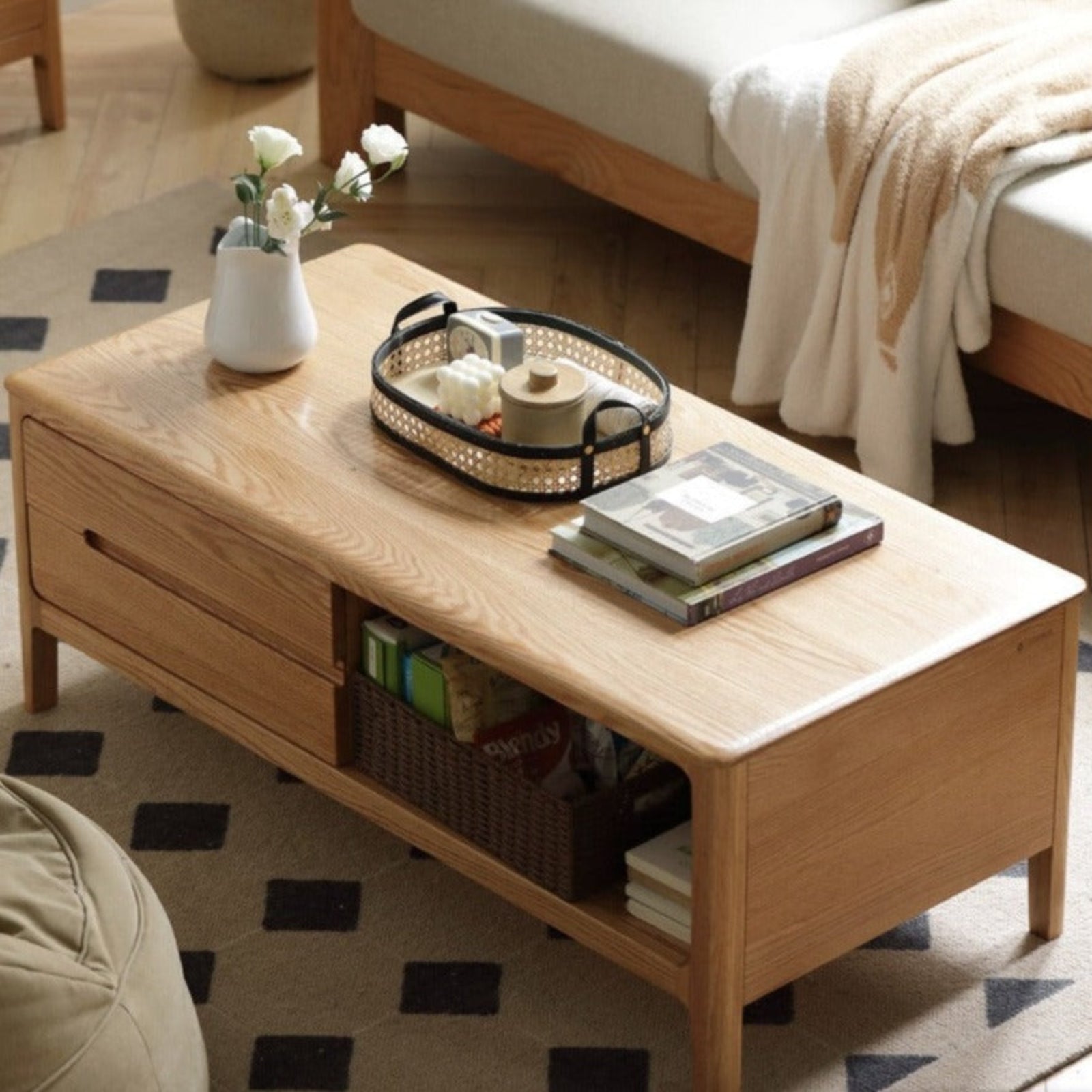 Oak, Solid Rubberwood Coffee Table Three Drawers