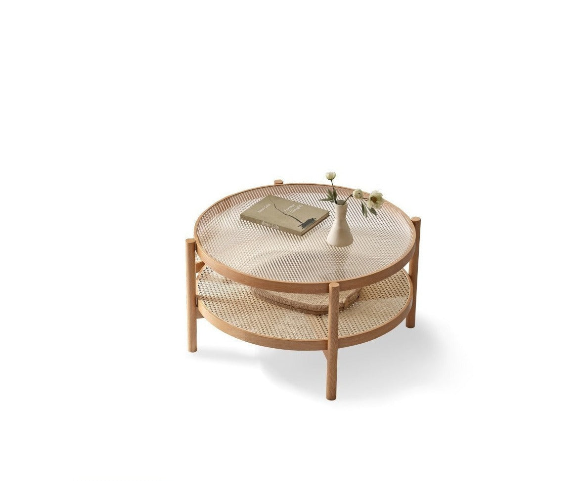 Coffee table.glass, rattan Oak solid wood"