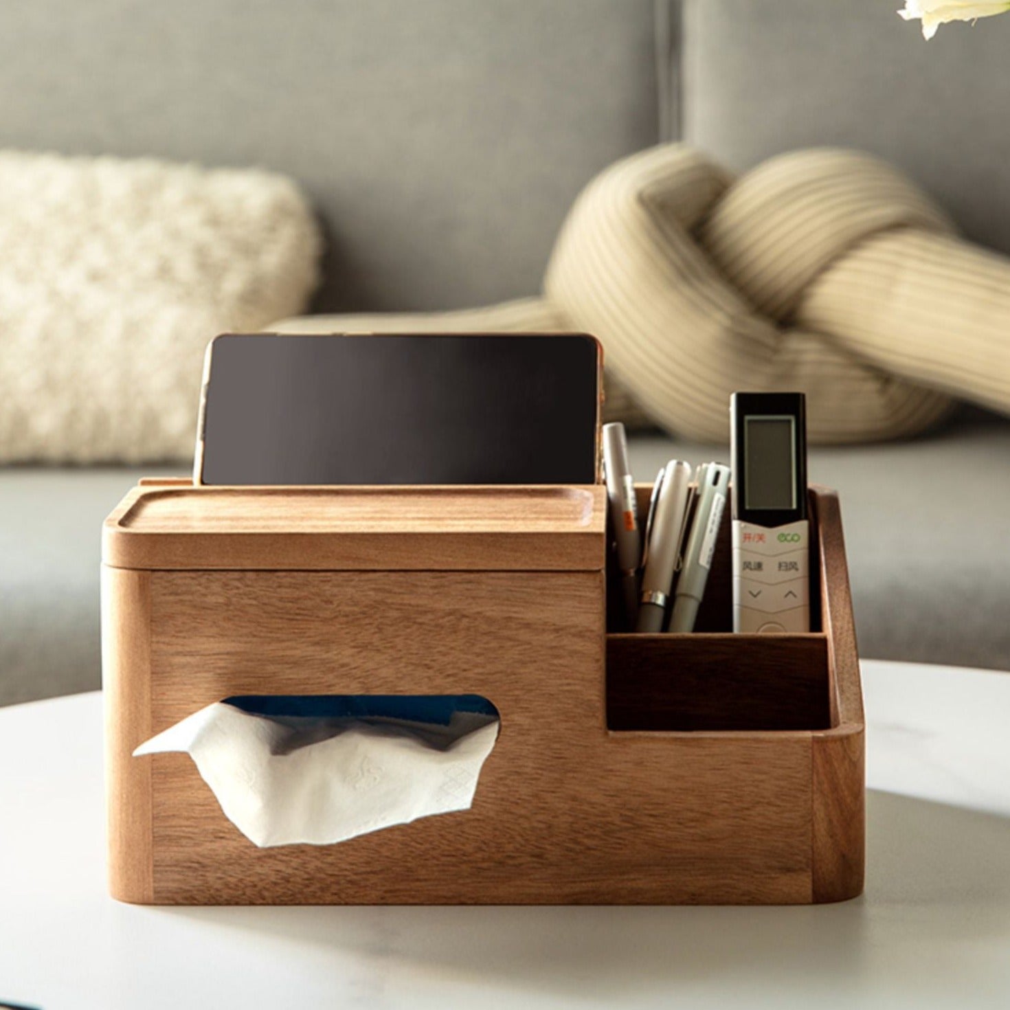 Solid wood multi-functional tissue box"