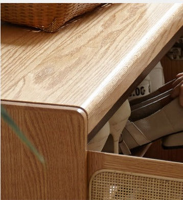 Oak solid wood rattan shoe cabinet, Shoe Storage Bench"