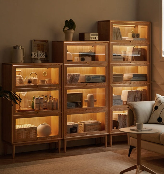 Oak solid wood Multi-layer flip door side cabinet, bookcase -