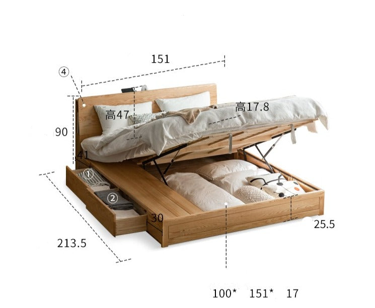 Box Bed Oak solid wood with light and bookshelf"