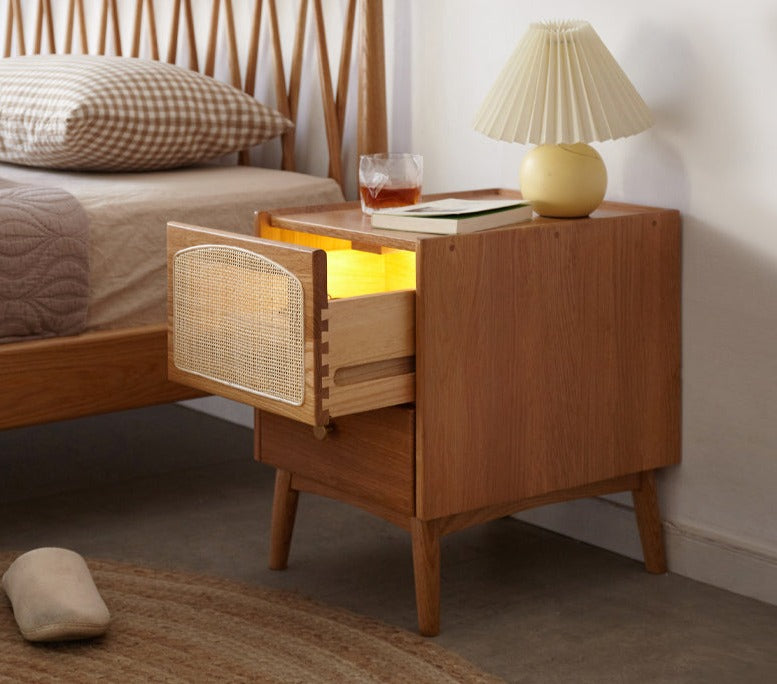 Nightstand Oak rattan solid wood with light-