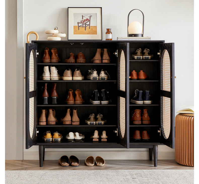 Rattan two-door shoe cabinet Oak solid wood  black"