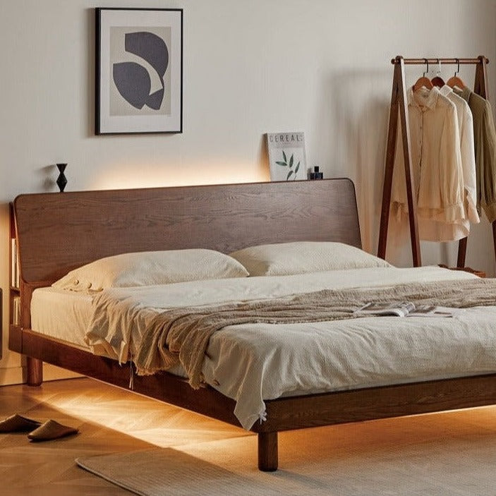 Oak solid wood bed with light, storage space