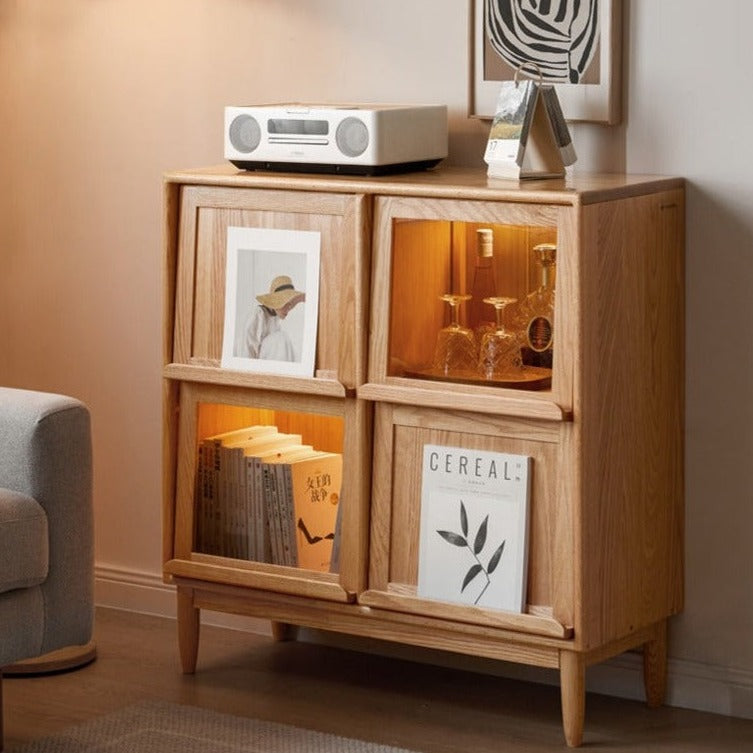 Four-door bookcase with light, magazine cabinet solid wood"