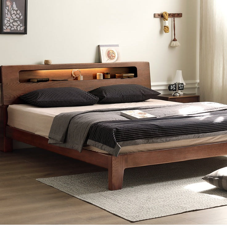 Oak solid wood bed with light"