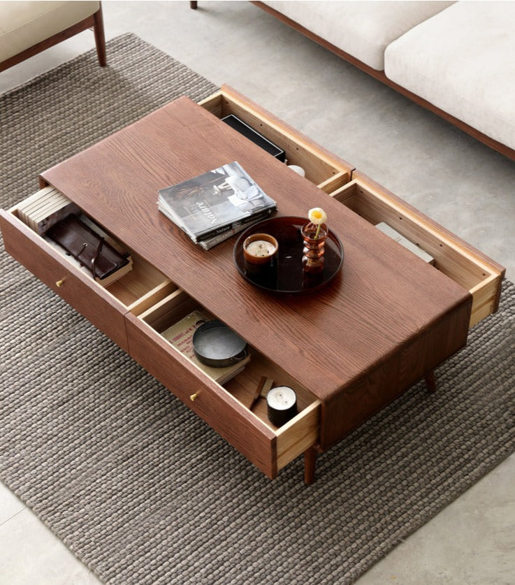 Double-sided four-drawer coffee table Oak solid wood"