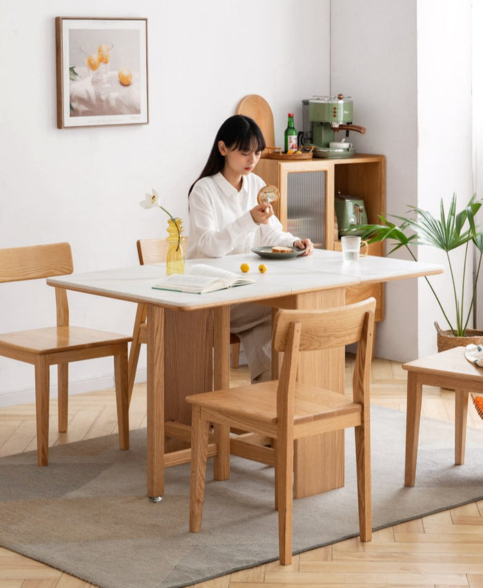 Oak Solid Wood Foldable Dining Table With Rock Slab Surface