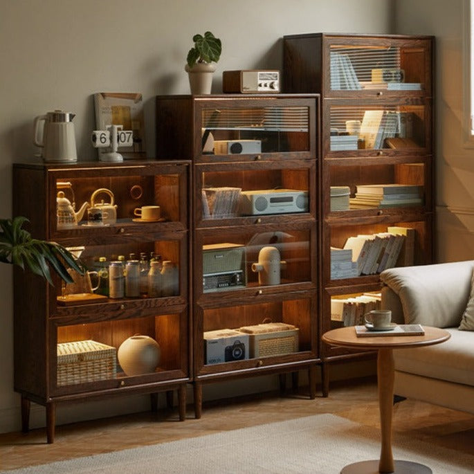Glass flip door Bookcase, Side Cabinet Black Walnut, Oak solid wood-
