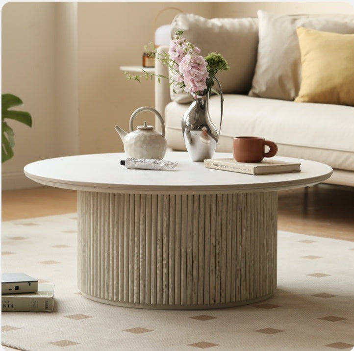 Creamy white rock plate round coffee table Oak solid wood"+