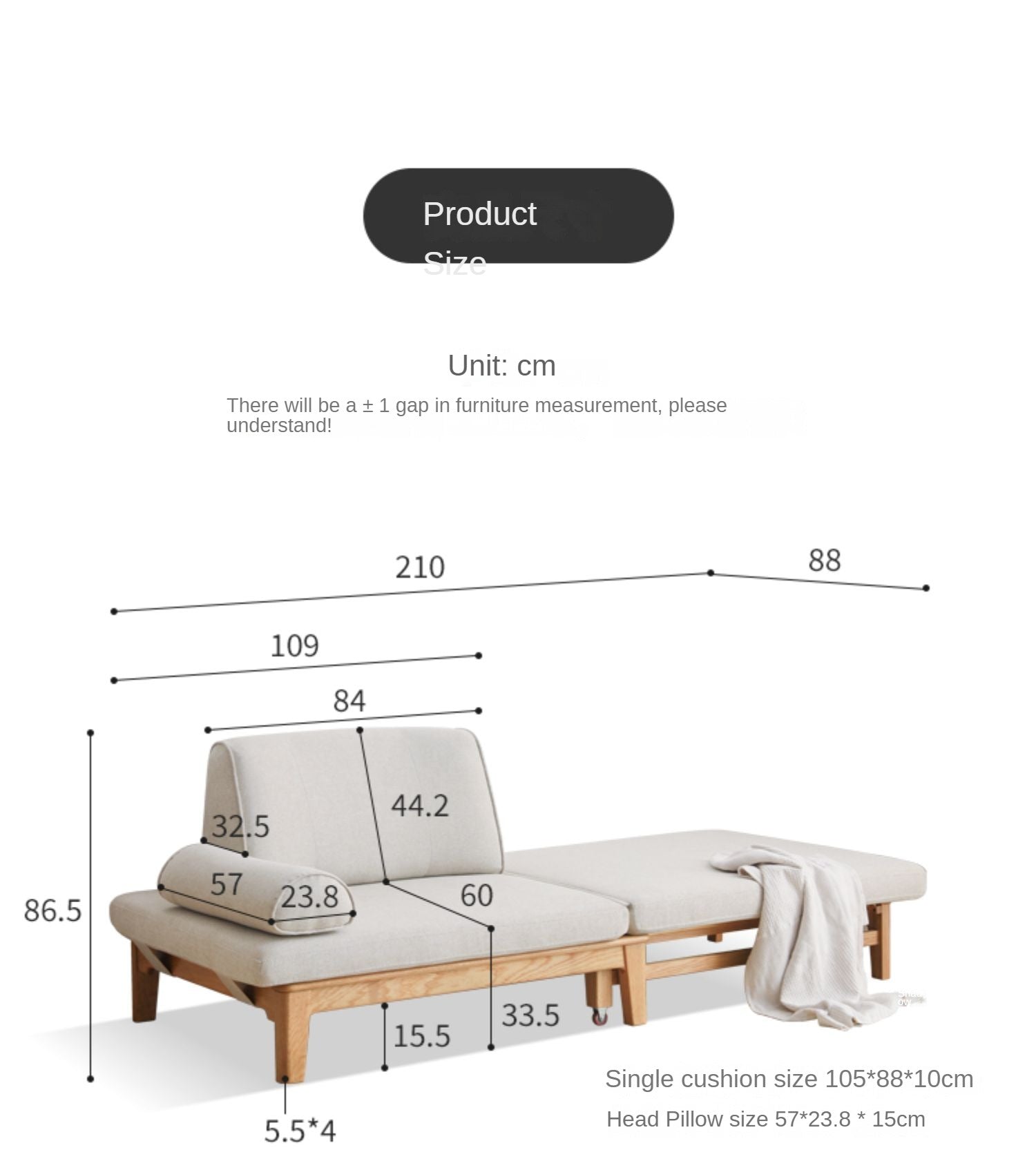 Sitting-bed foldable sofa Oak solid wood"