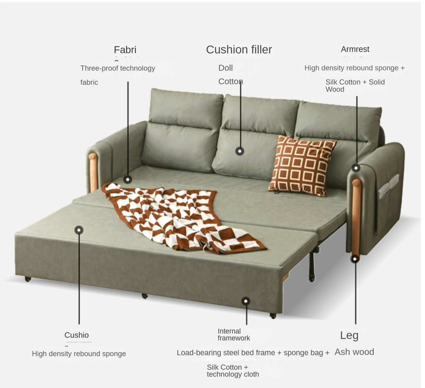 Fabric Sleeper sofa Ash solid wood+